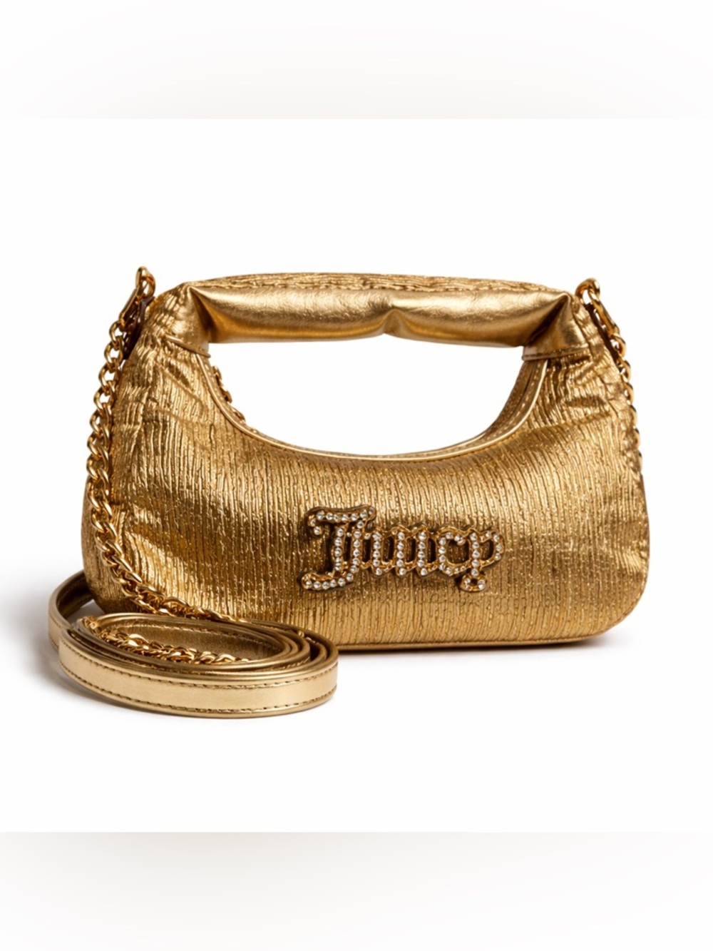 Juicy Couture gold crossbody handbag- mini hobo- rhinestone logo, heart charm.
